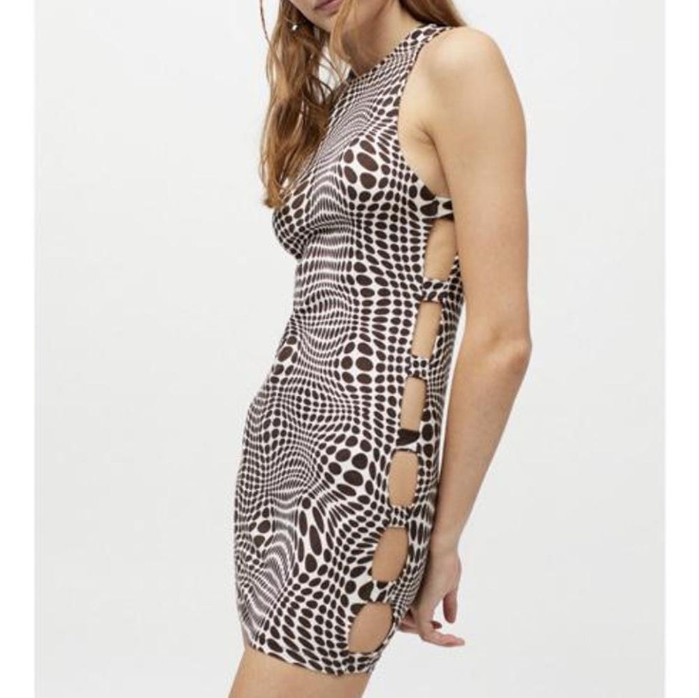 M MOTEL‎ Brown Polka Dot Groovy Print Stretchy Bodycon Open Side Dress